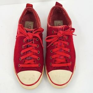UGG  7 red fuzzy white sole blue plaid tongue lace up tennis shoes cute cozy